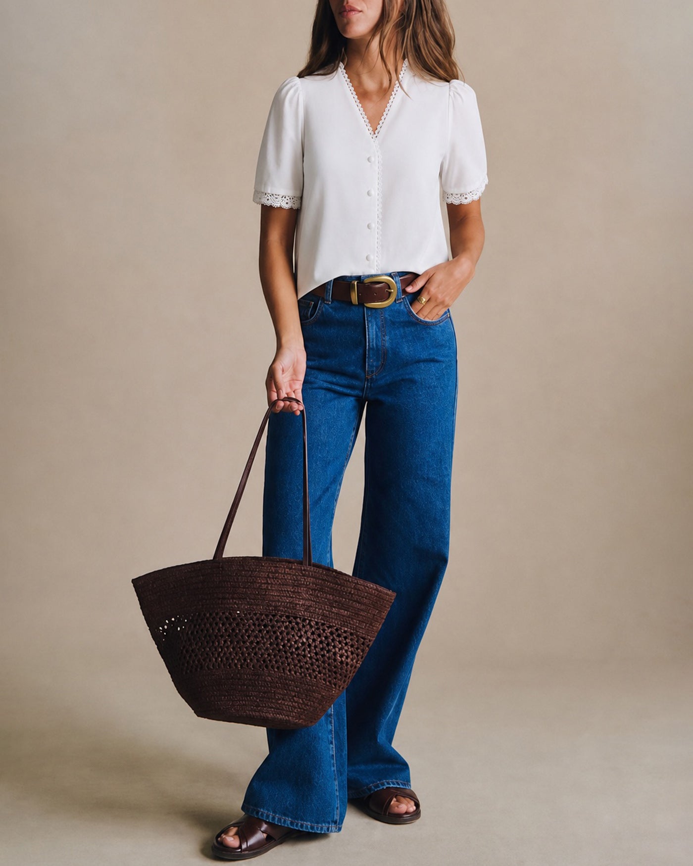 White Solid V Neck Button Tee