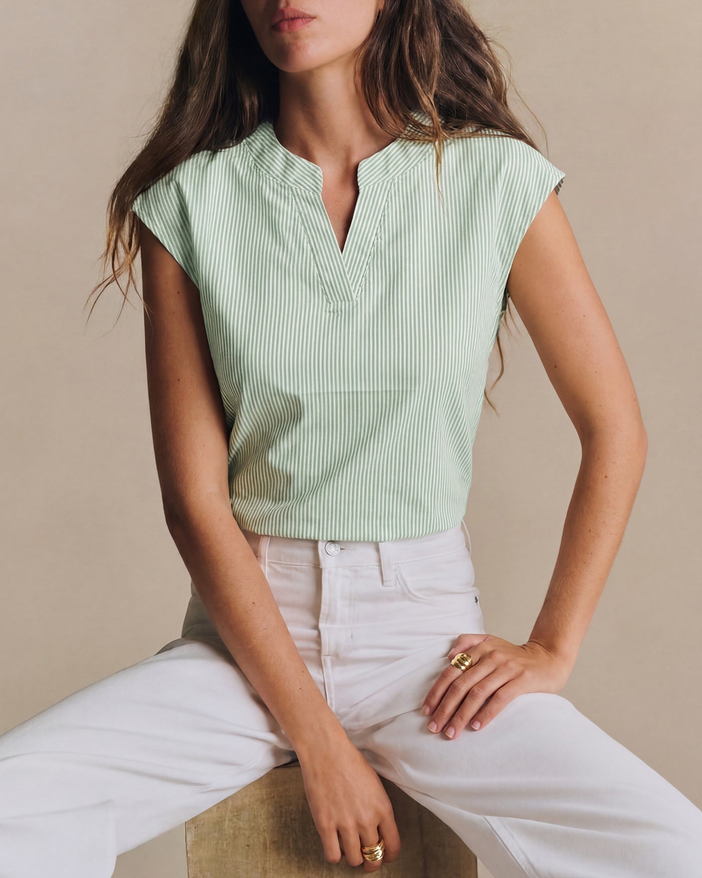 Green V Neck Drop Shoulder Striped Tee