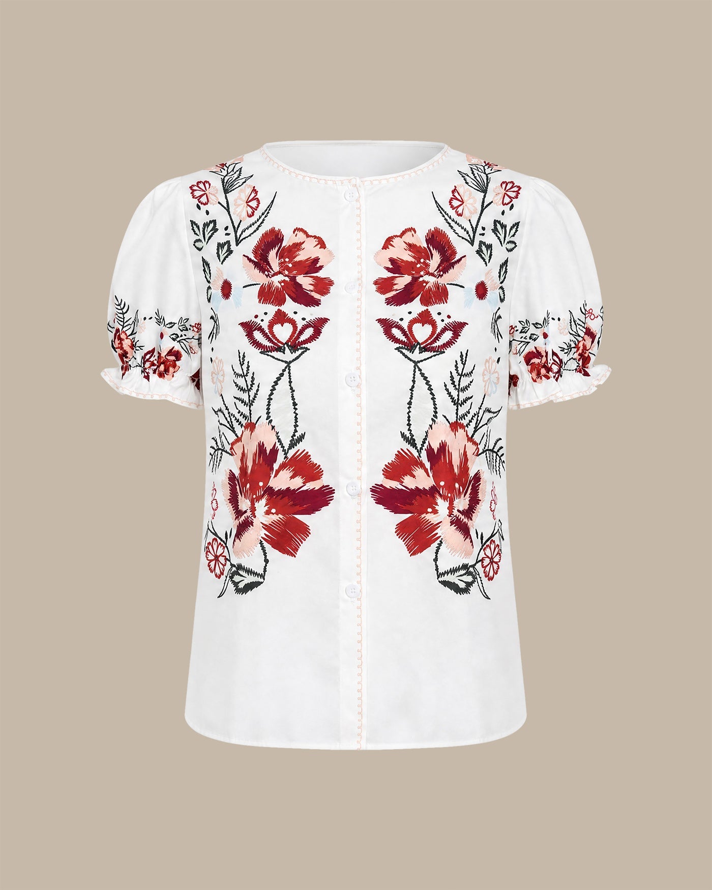 White Puffed Sleeve Button Floral Tee