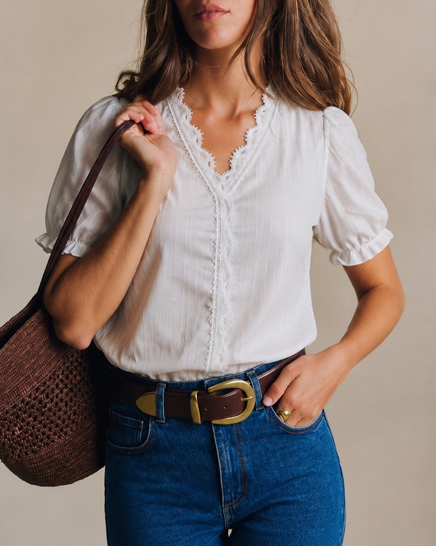 White V Neck Puffed Sleeve Splicing Tee