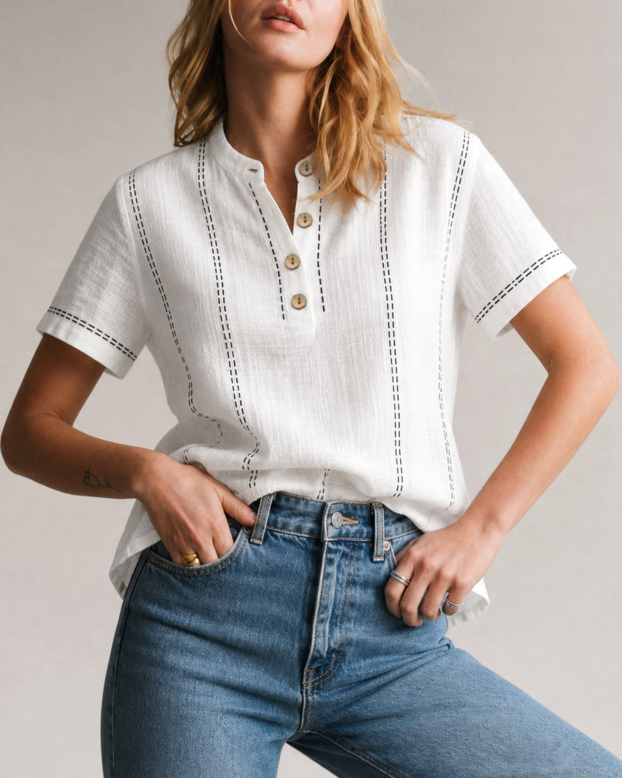 White Round Neck Geometric Button Tee