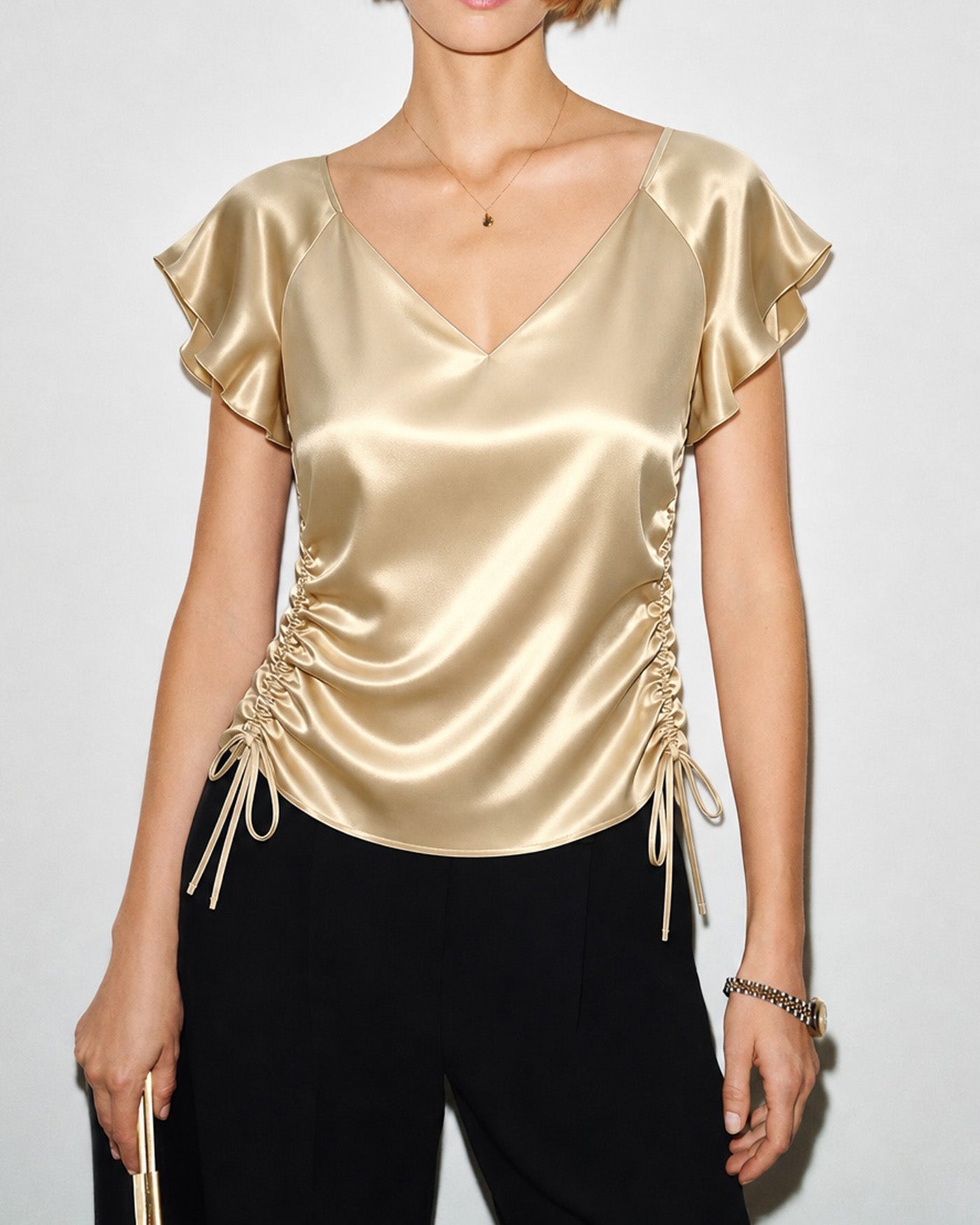 Apricot V Neck Cape Sleeve Ruched Tee