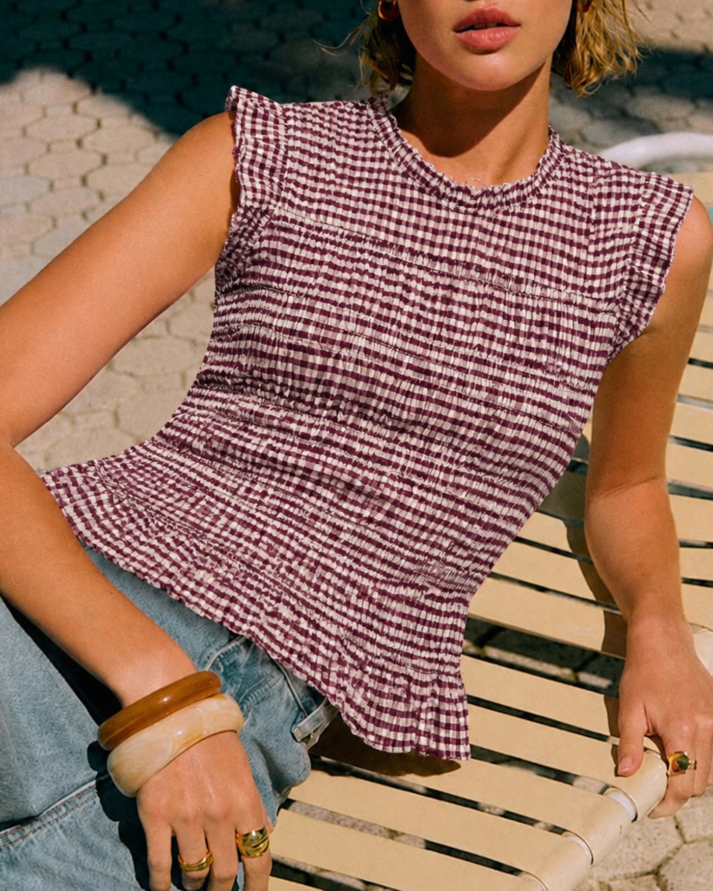 Red Sleeveless Striped Shirred Tank Top