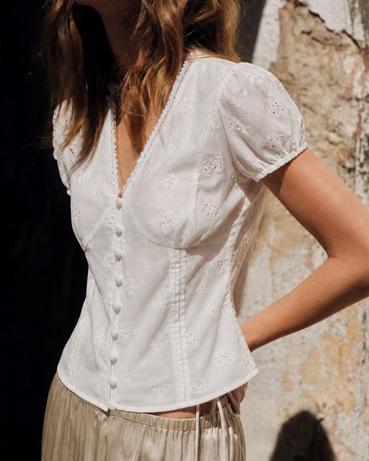 White V Neck Puffed Sleeve Button Tee