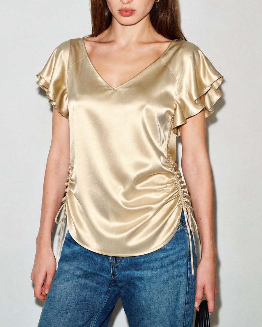 Apricot V Neck Cape Sleeve Ruched Tee