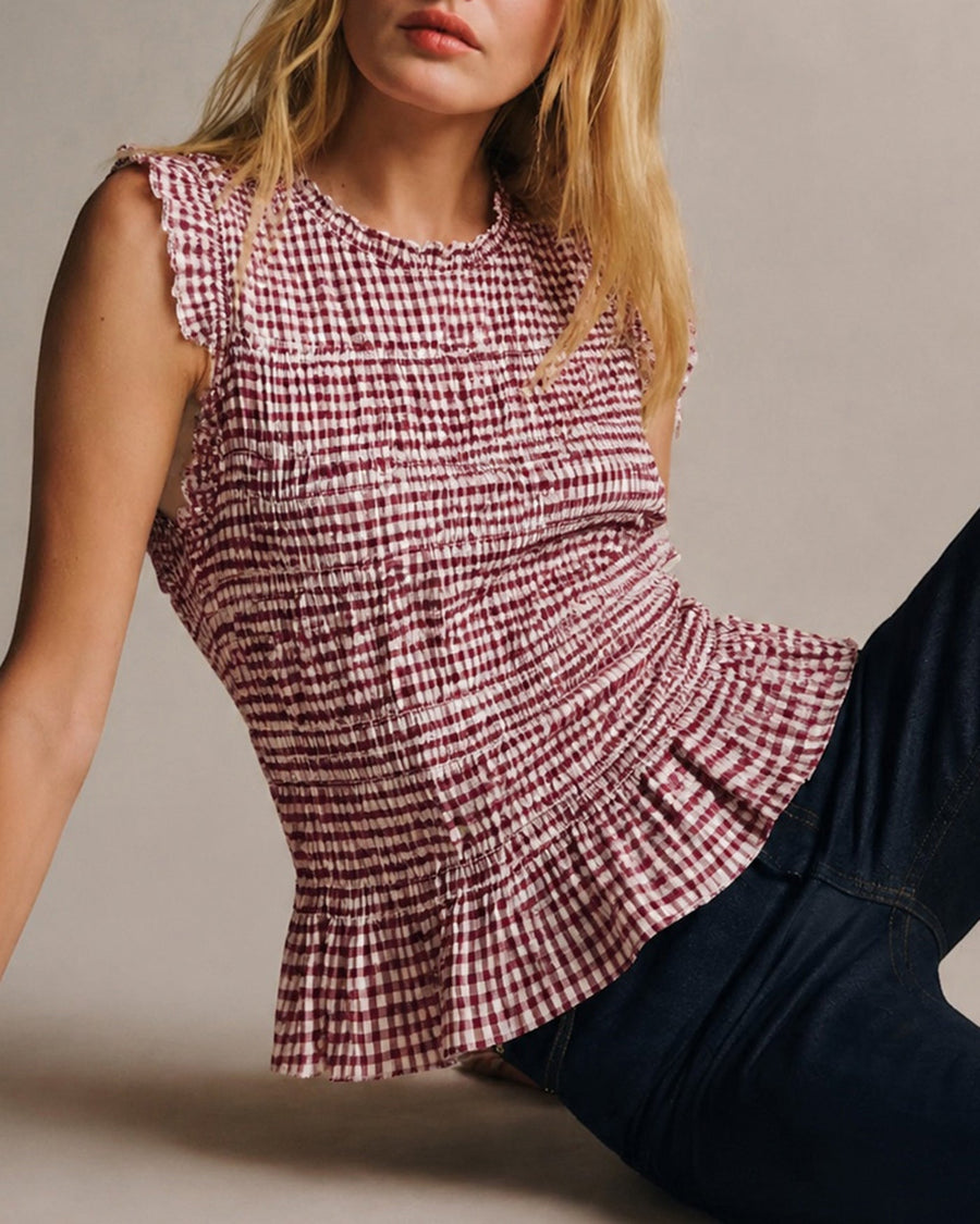Red Sleeveless Striped Shirred Tank Top