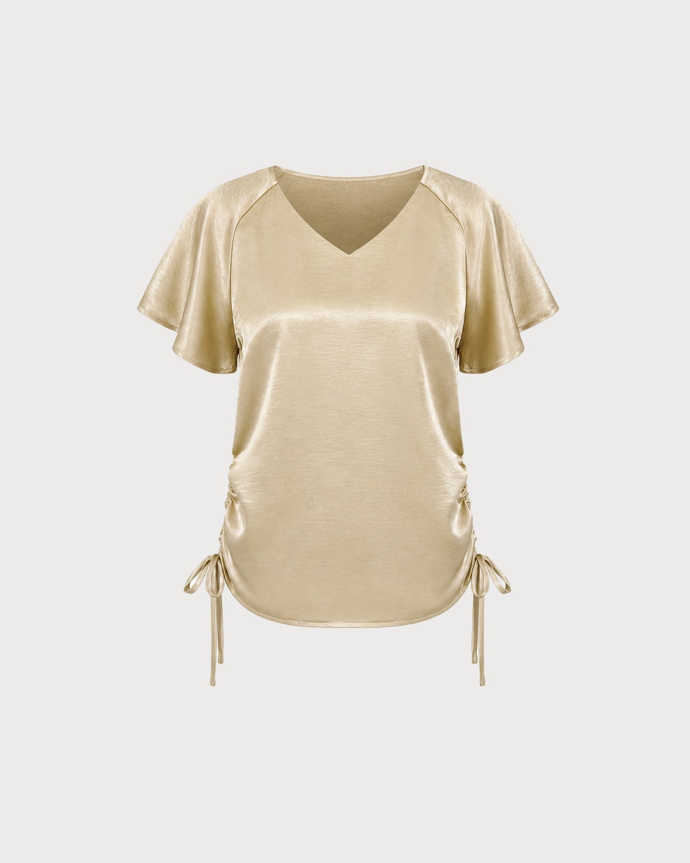 Apricot V Neck Cape Sleeve Ruched Tee