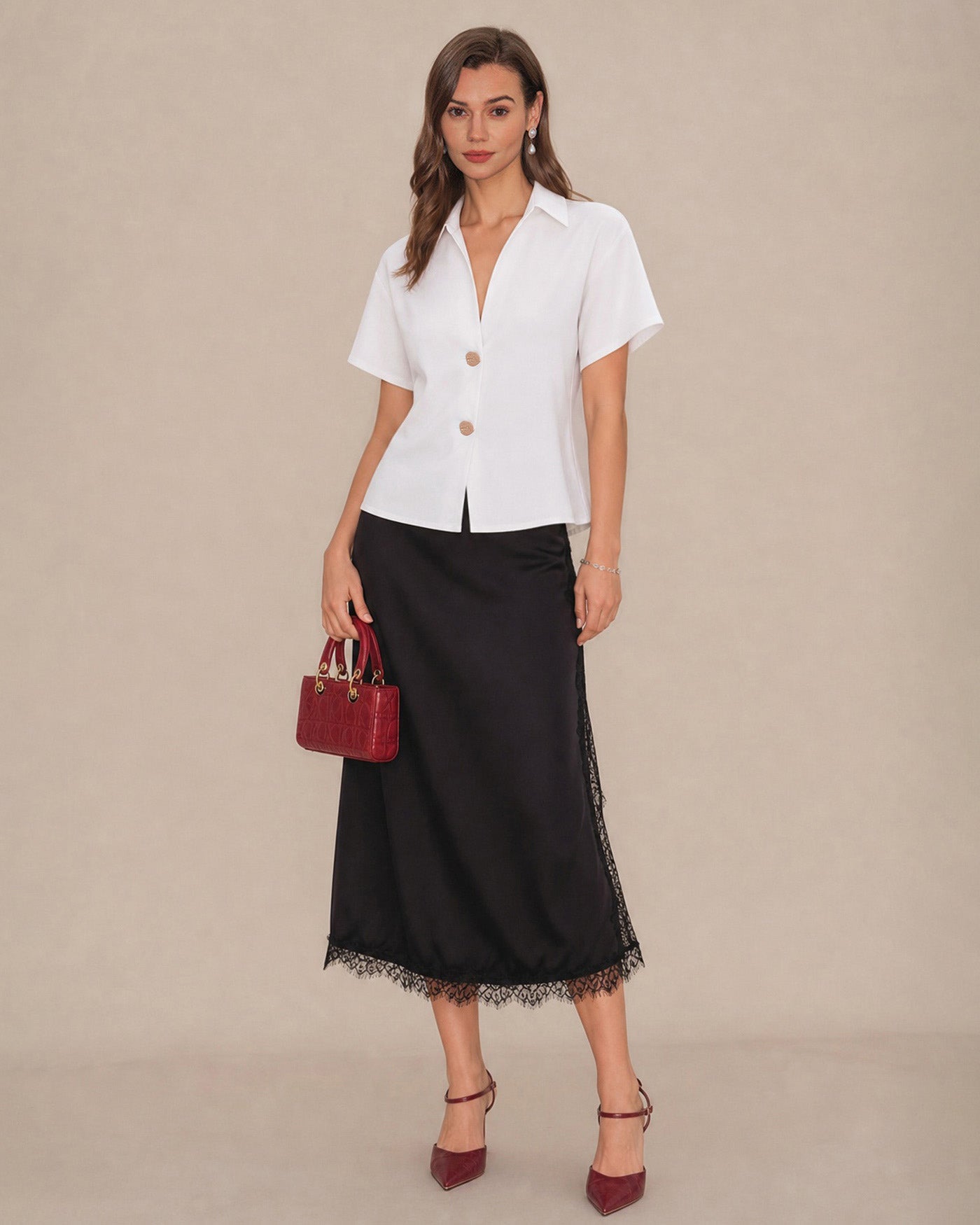 White V Neck Drop Shoulder Button Tee