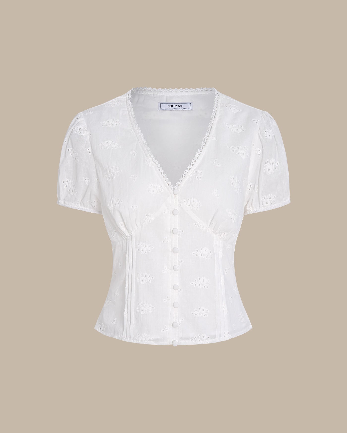 White V Neck Puffed Sleeve Button Tee