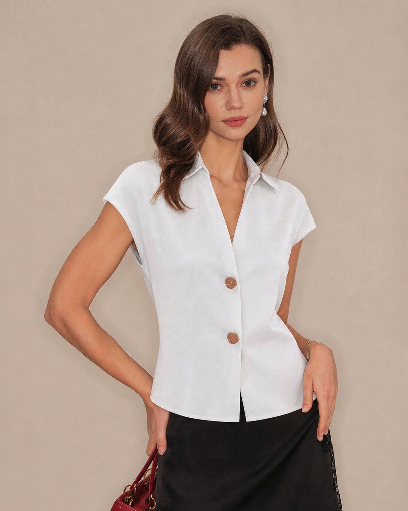 White V Neck Drop Shoulder Button Tee