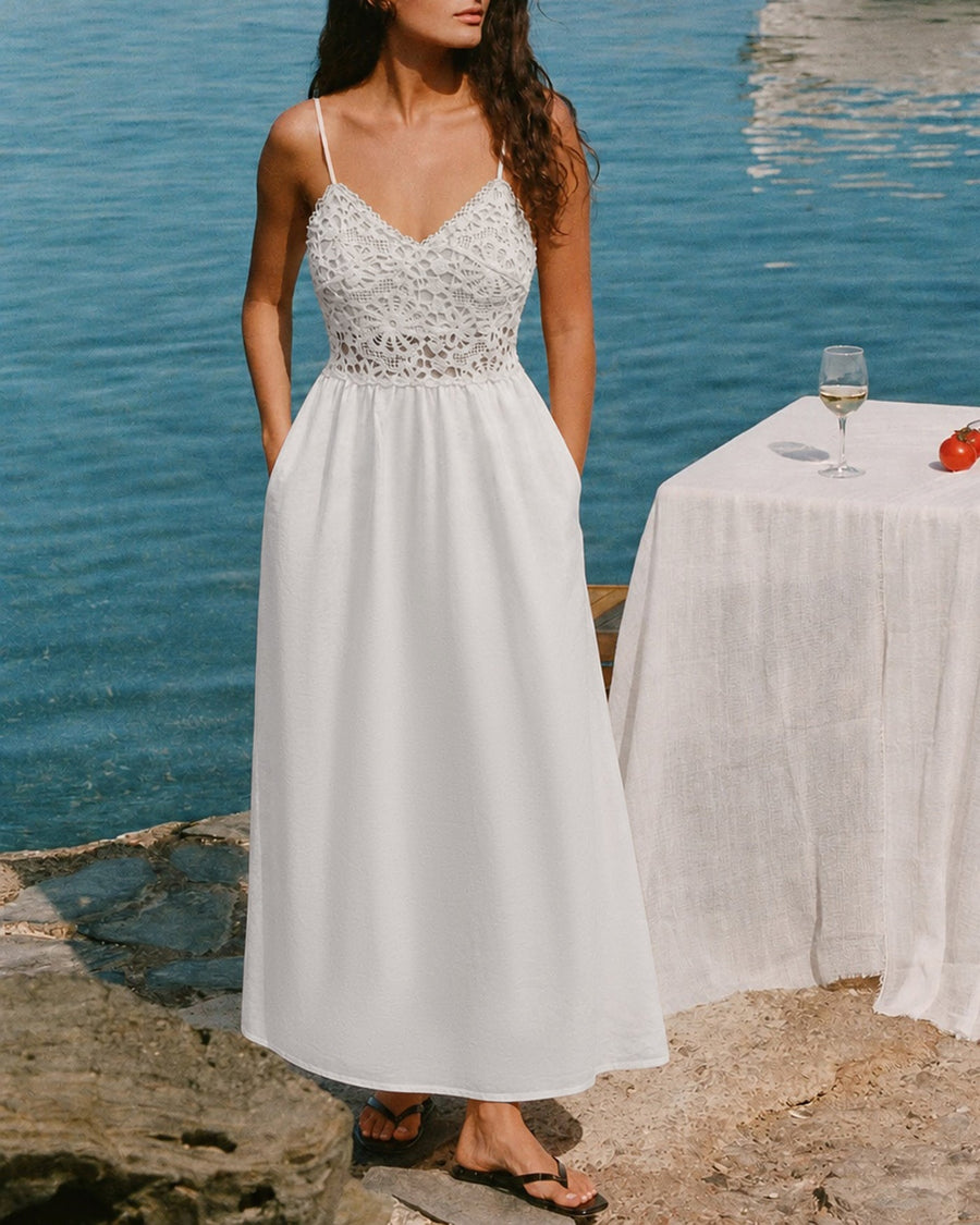 White Splicing Slip A-Line Maxi Dress
