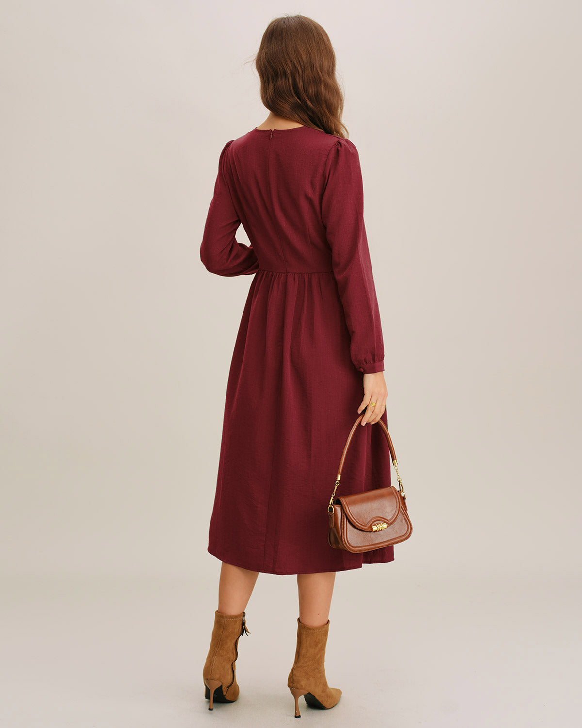 Red French Sleeve A-Line Midi Dress