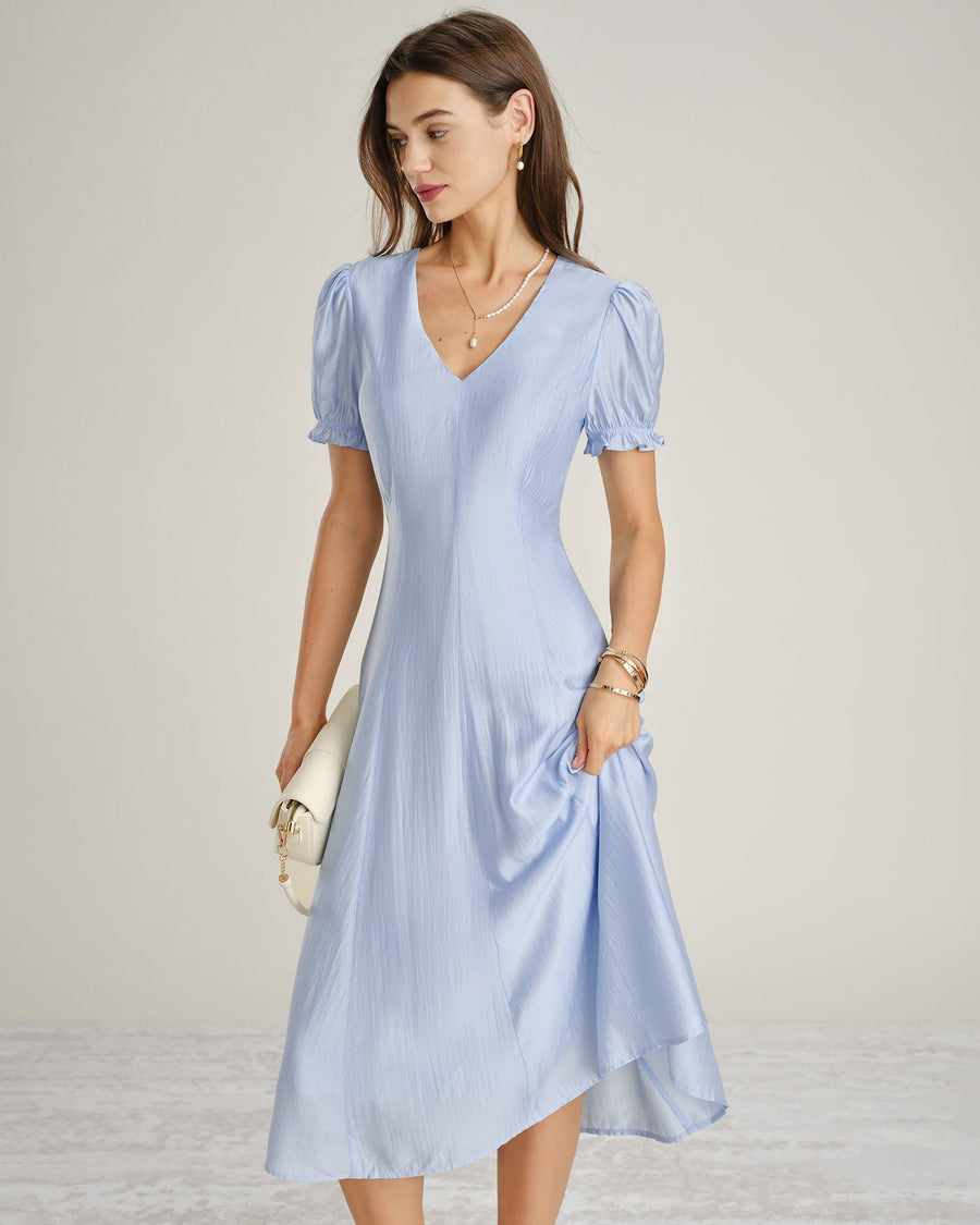 Blue V Neck Sheer Zipper Midi Dress