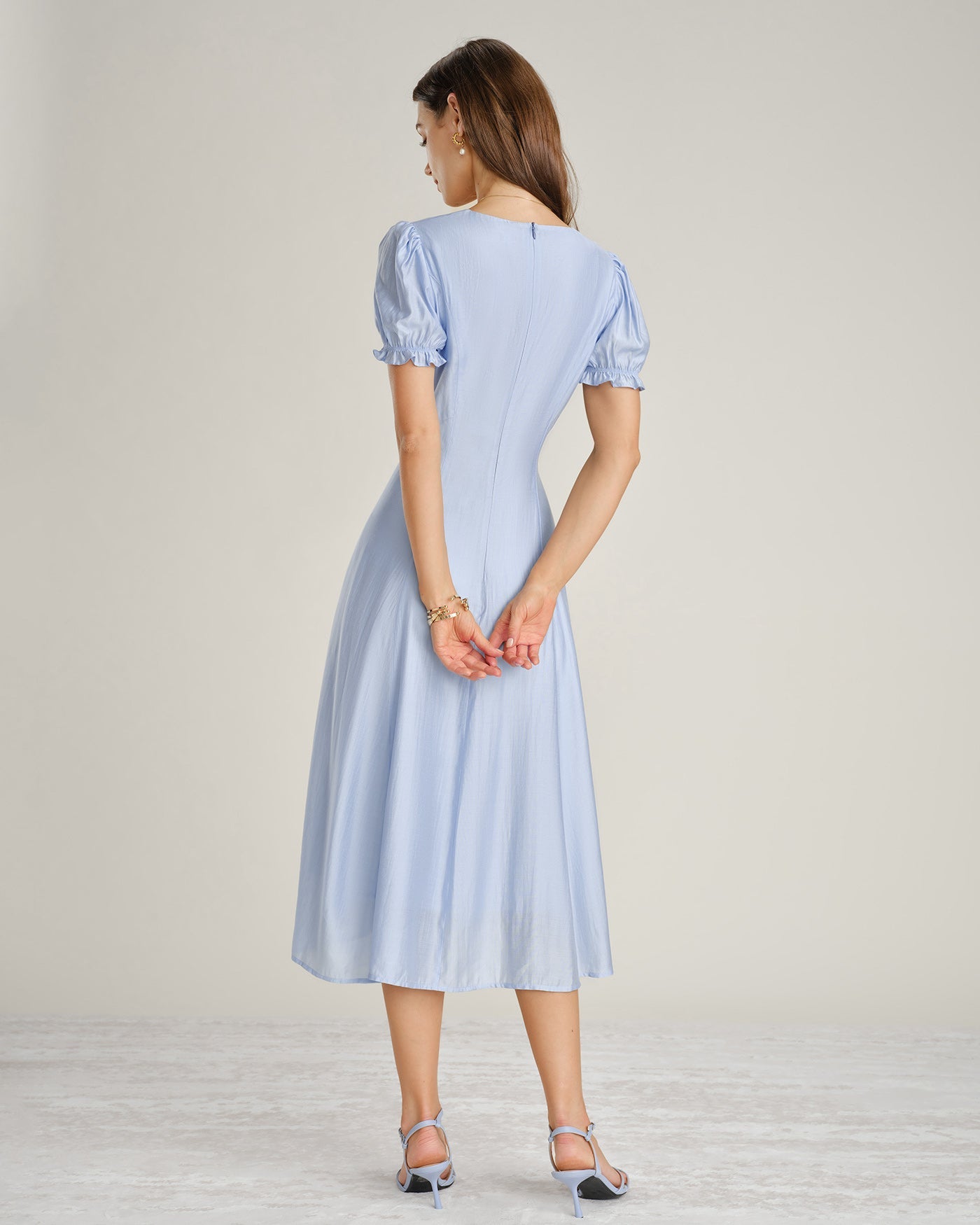 Blue V Neck Sheer Zipper Midi Dress