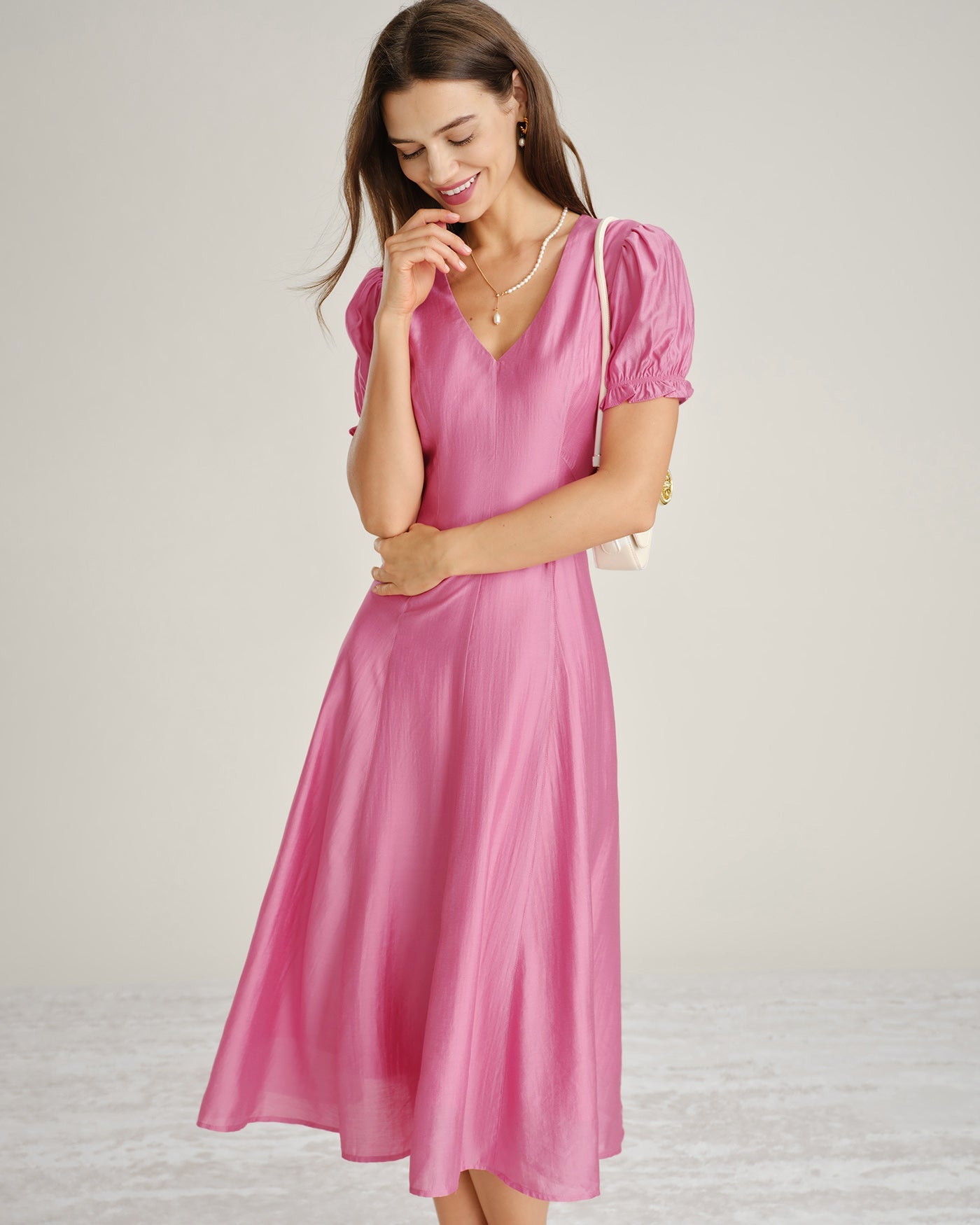 Pink Puffed Sleeve Sheer Midi Dress