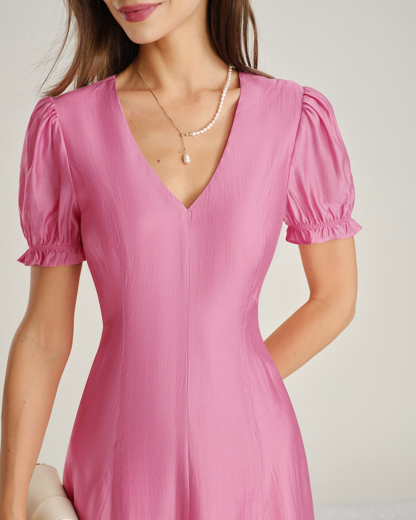 Pink Puffed Sleeve Sheer Midi Dress