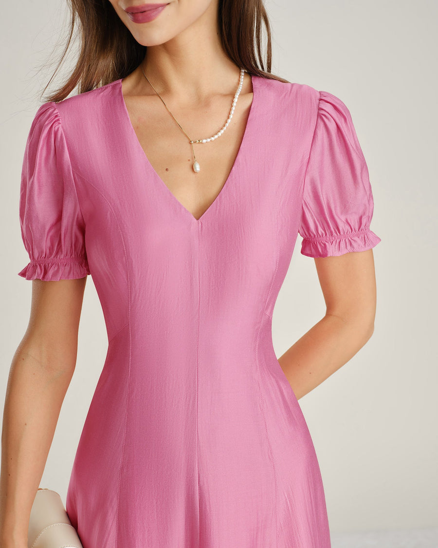 Pink Puffed Sleeve Sheer Midi Dress