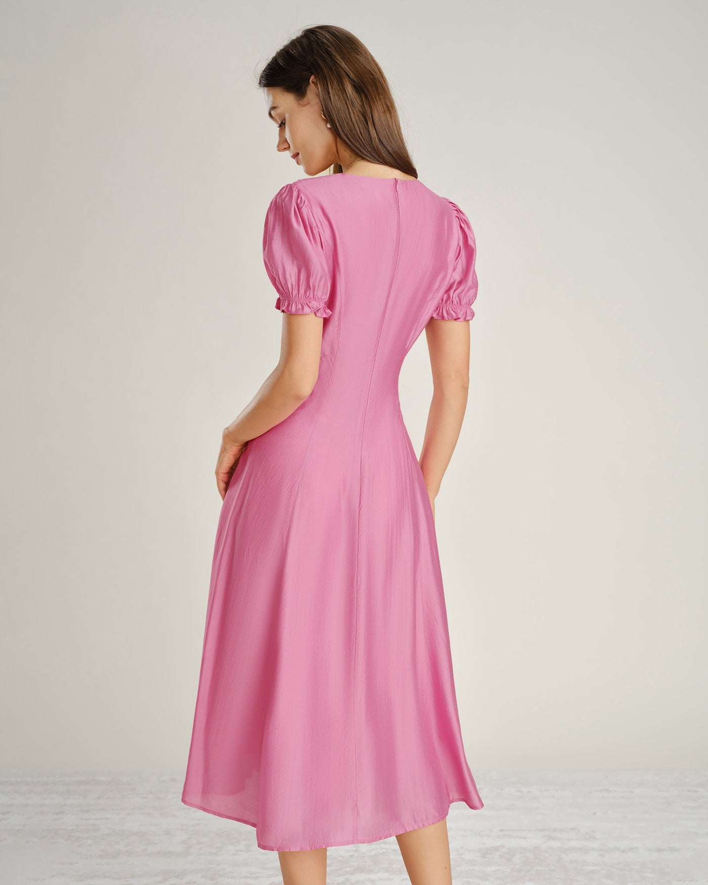 Pink Puffed Sleeve Sheer Midi Dress