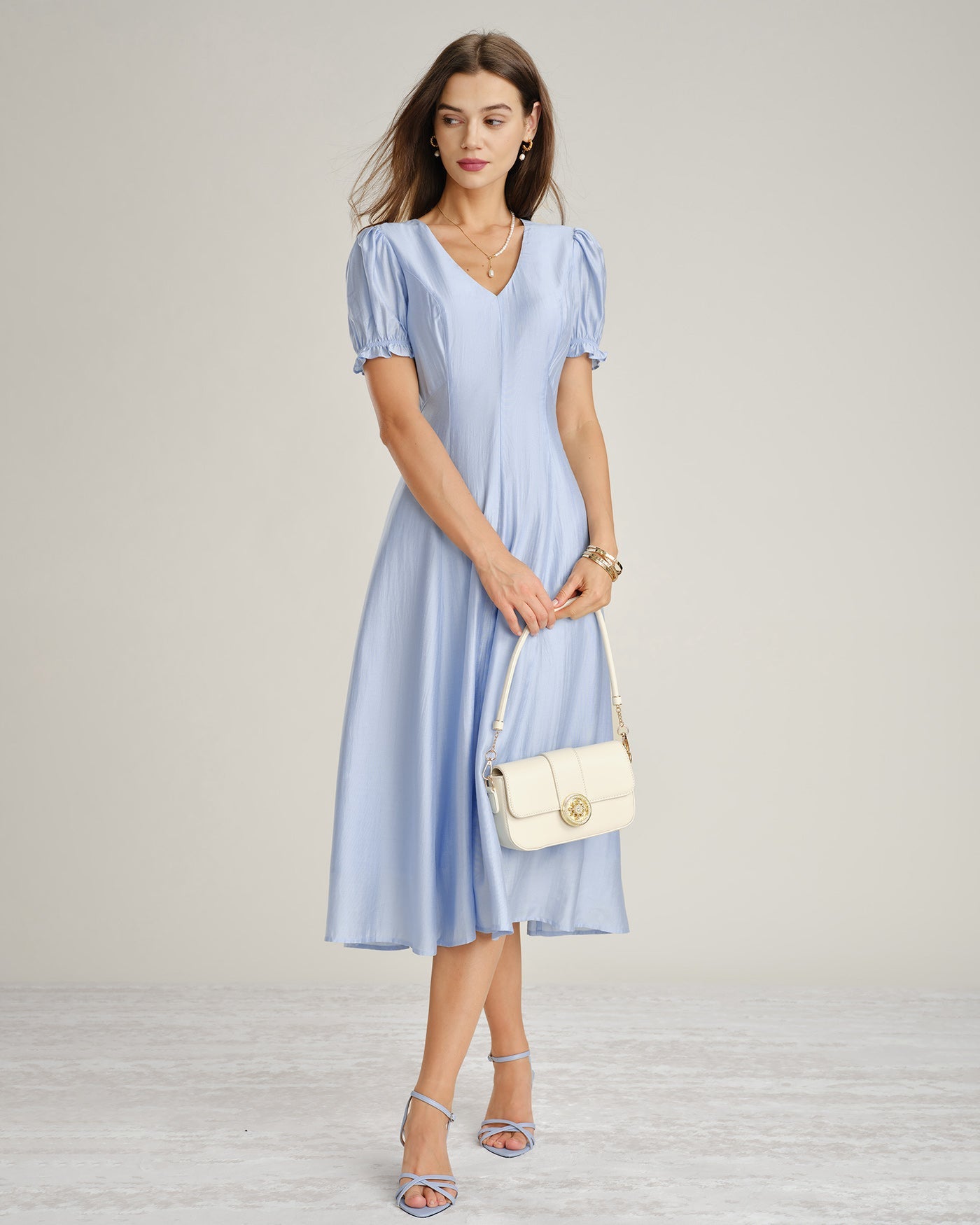 Blue V Neck Sheer Zipper Midi Dress