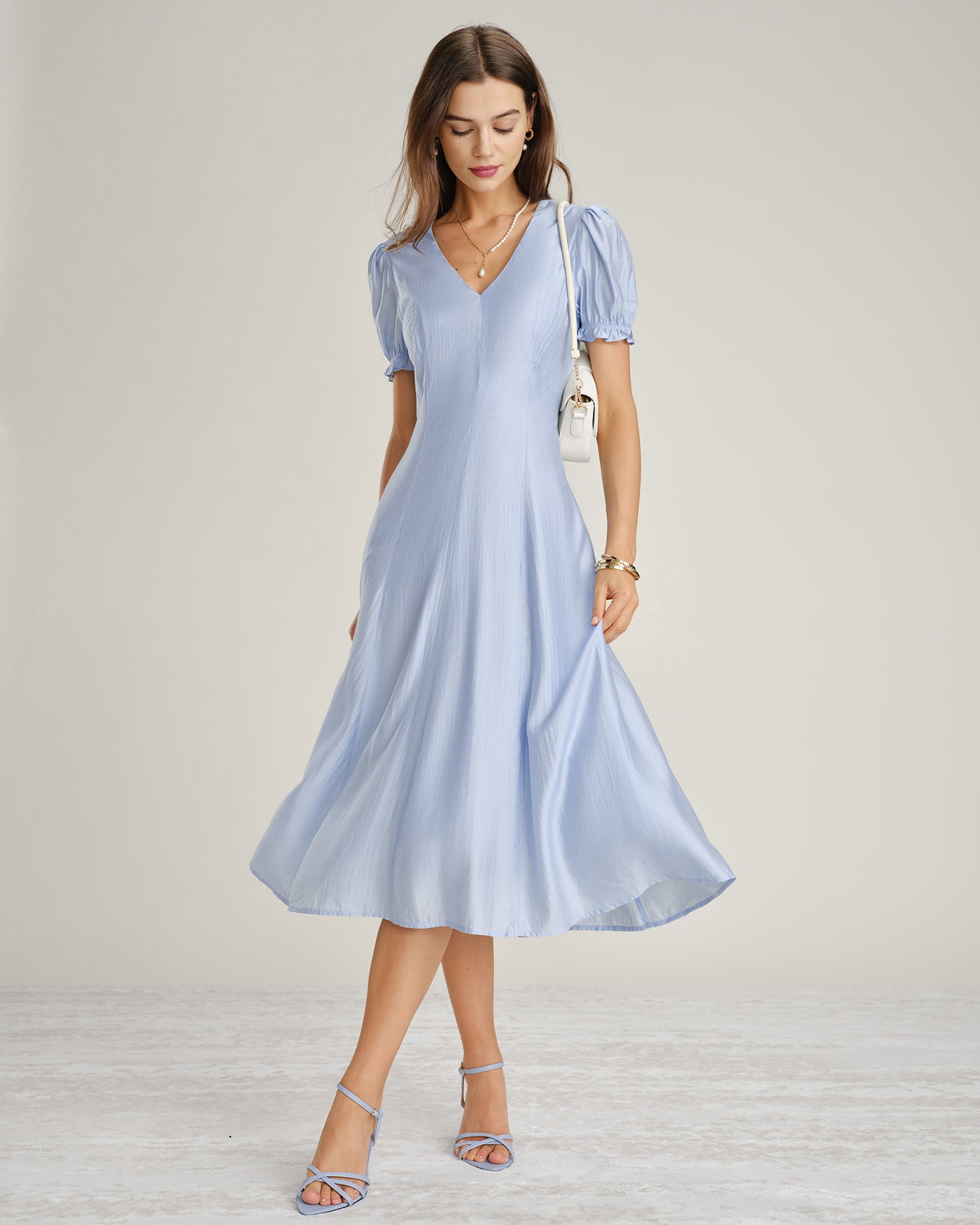 Blue V Neck Sheer Zipper Midi Dress