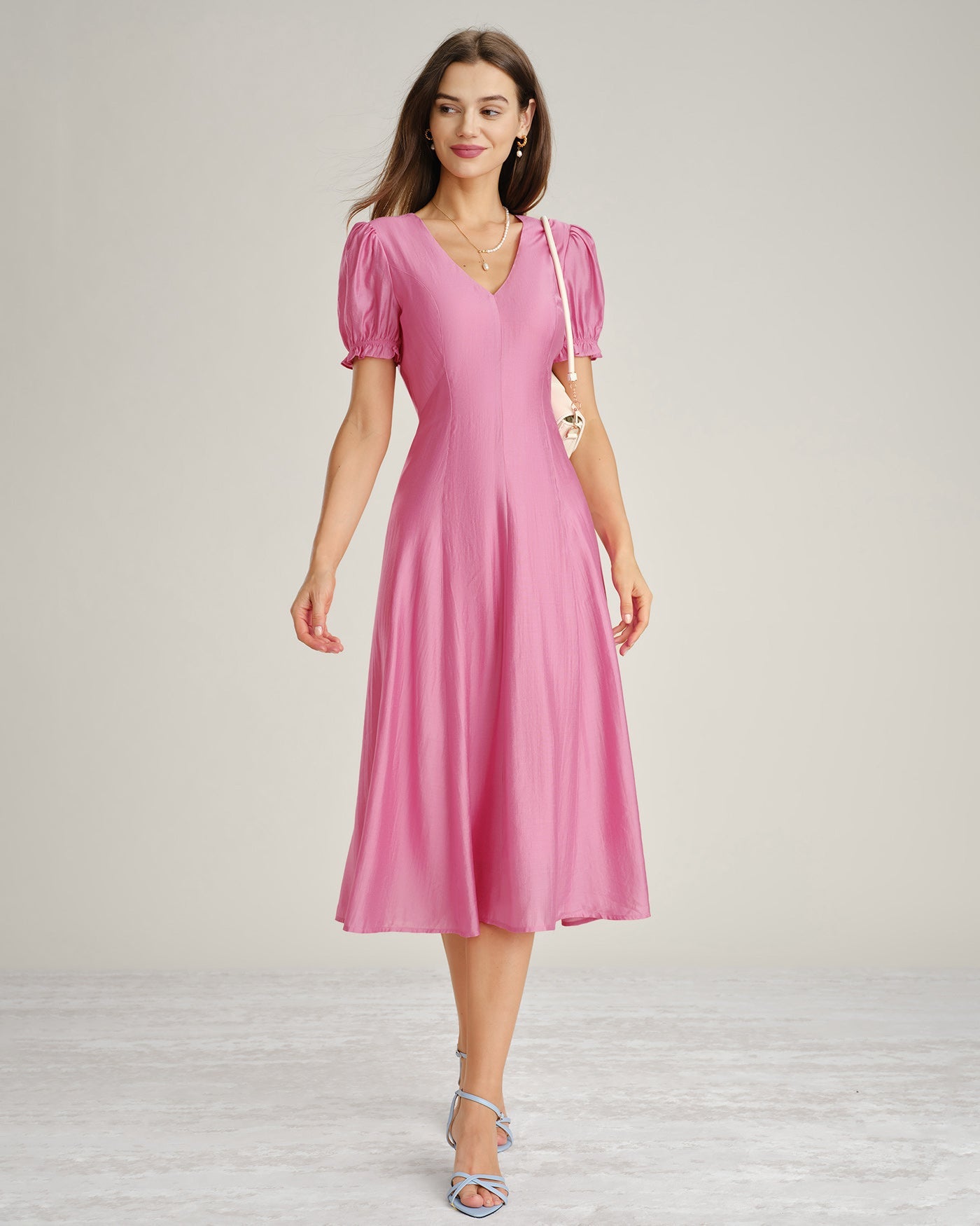 Pink Puffed Sleeve Sheer Midi Dress