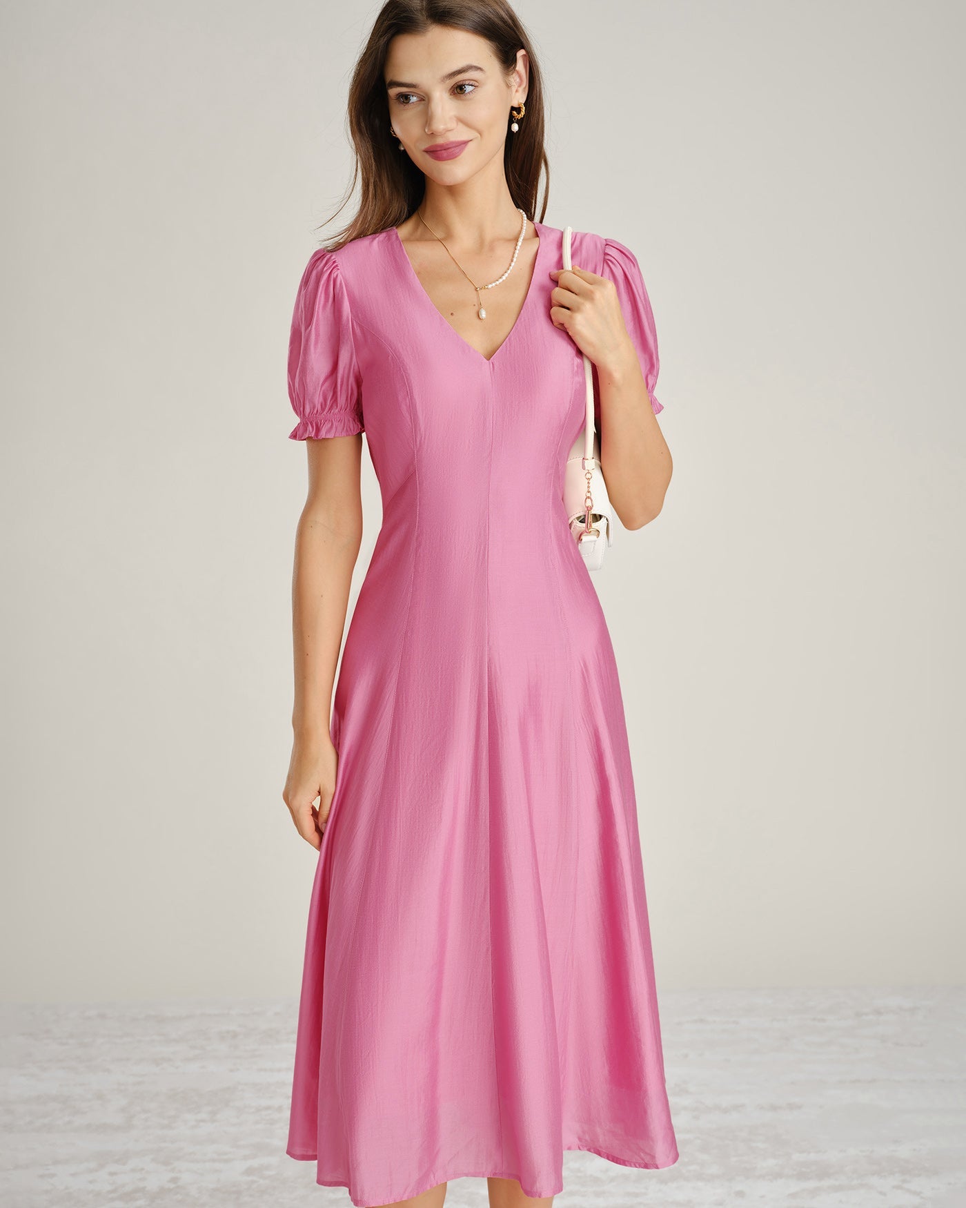 Pink Puffed Sleeve Sheer Midi Dress