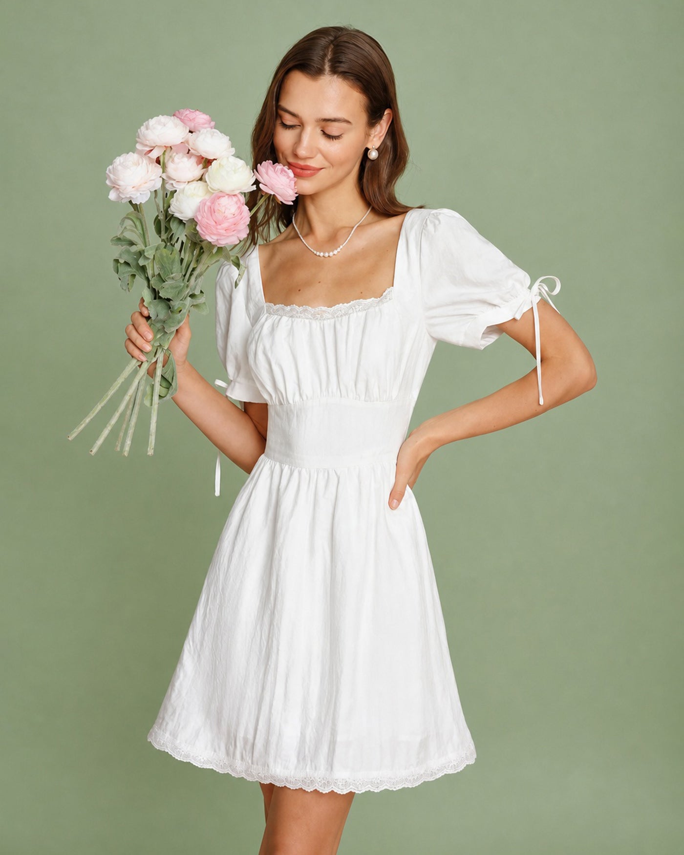 White Square Neck Lace Mini Dress