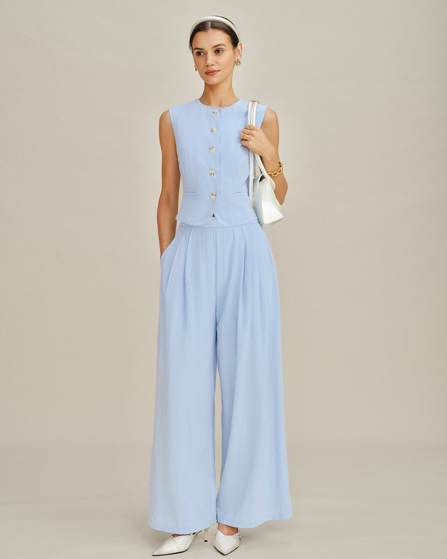 Blue Solid Pockets Straight Pants