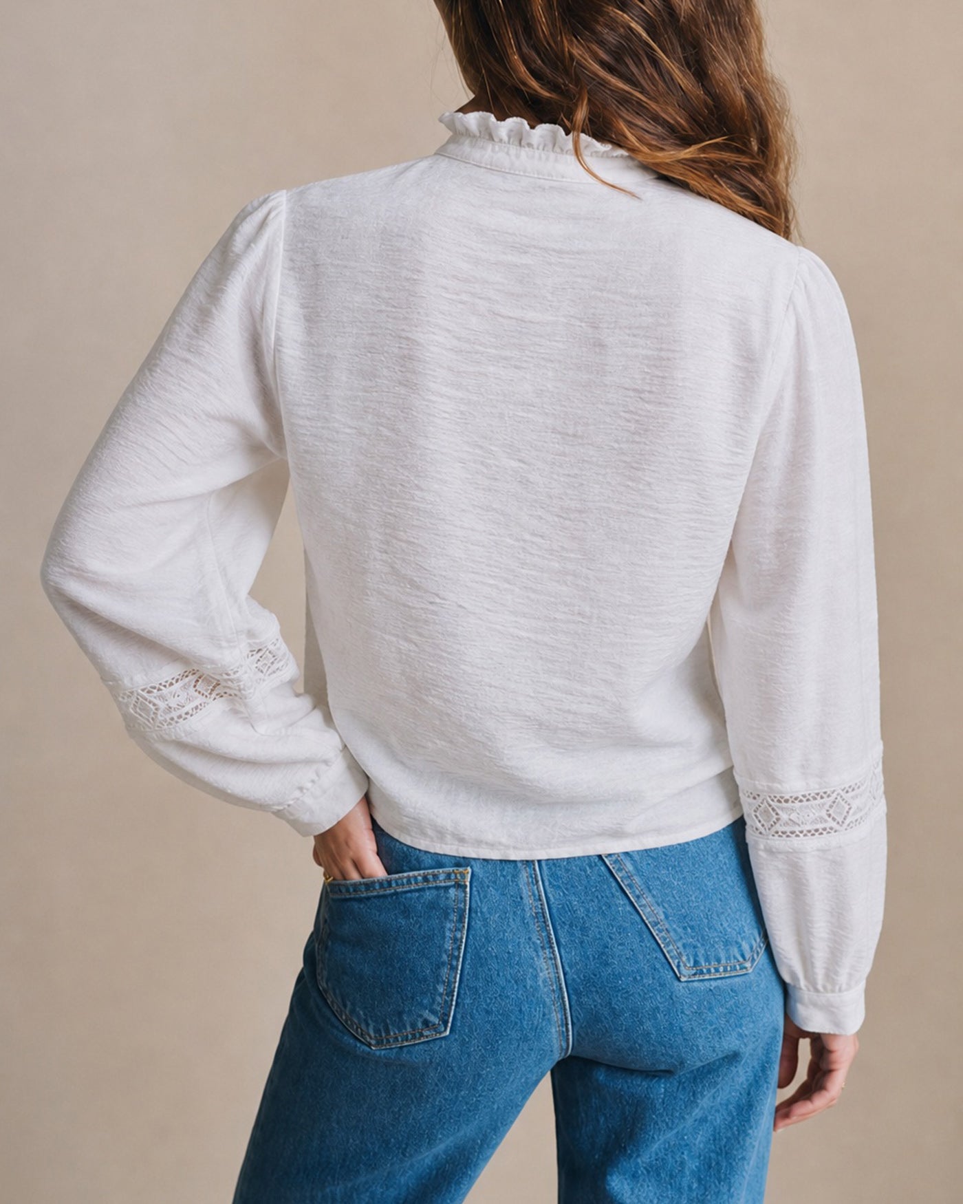 White Ruffled Splicing Button Shirt
