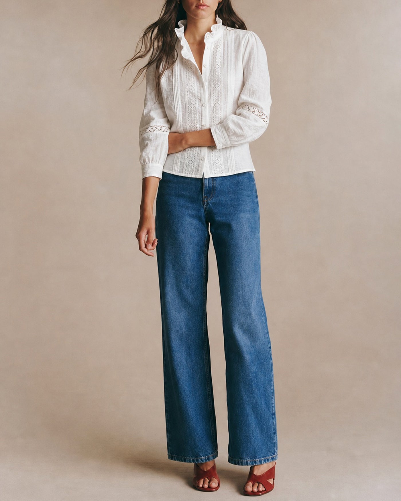 White Ruffled Splicing Button Shirt