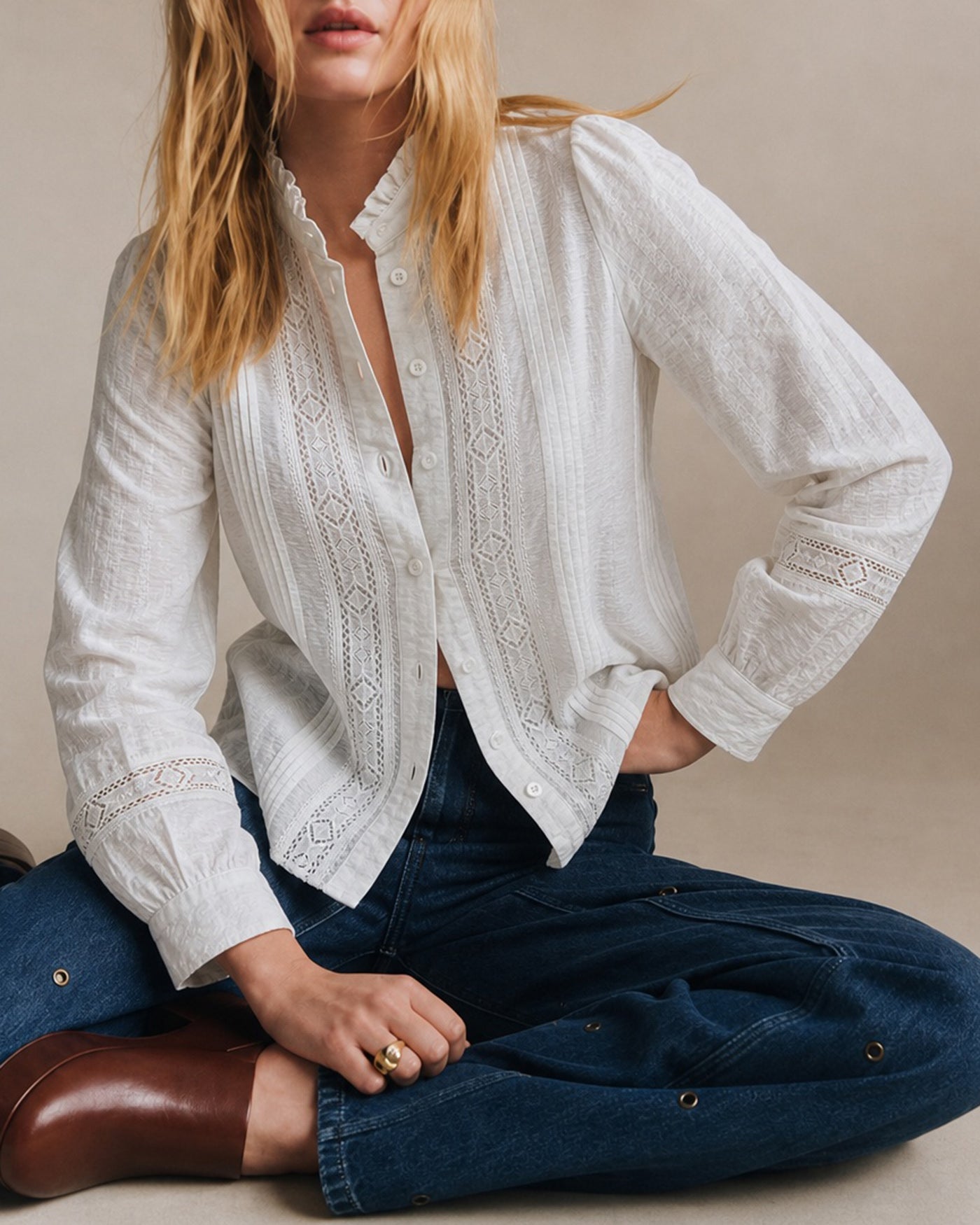 White Ruffled Splicing Button Shirt