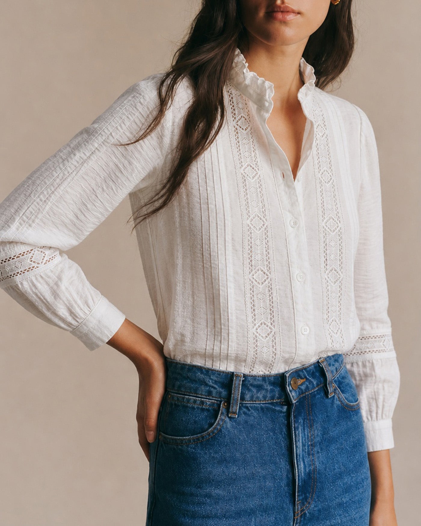 White Ruffled Splicing Button Shirt