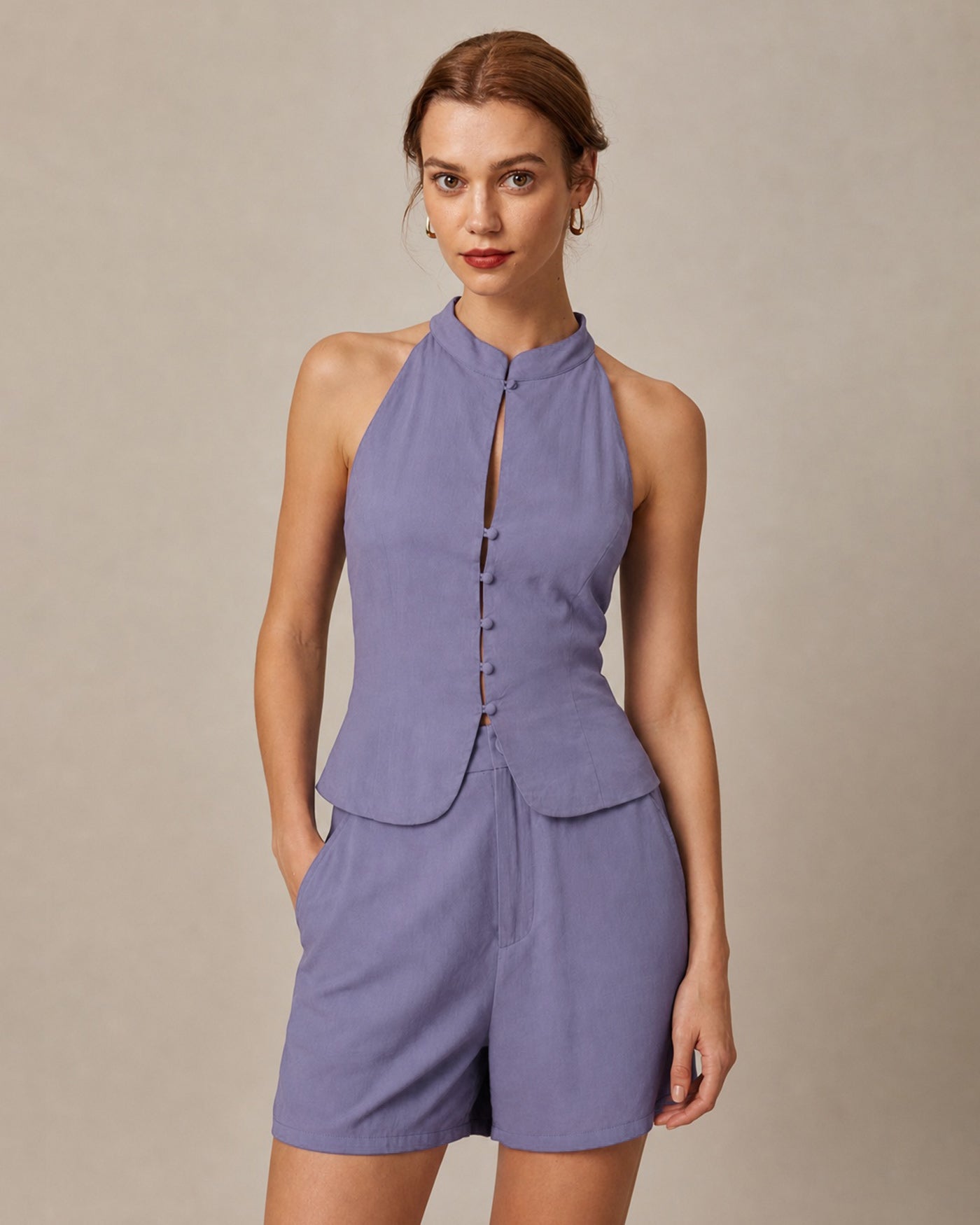 Purple Natural Waisted Button Pockets Shorts