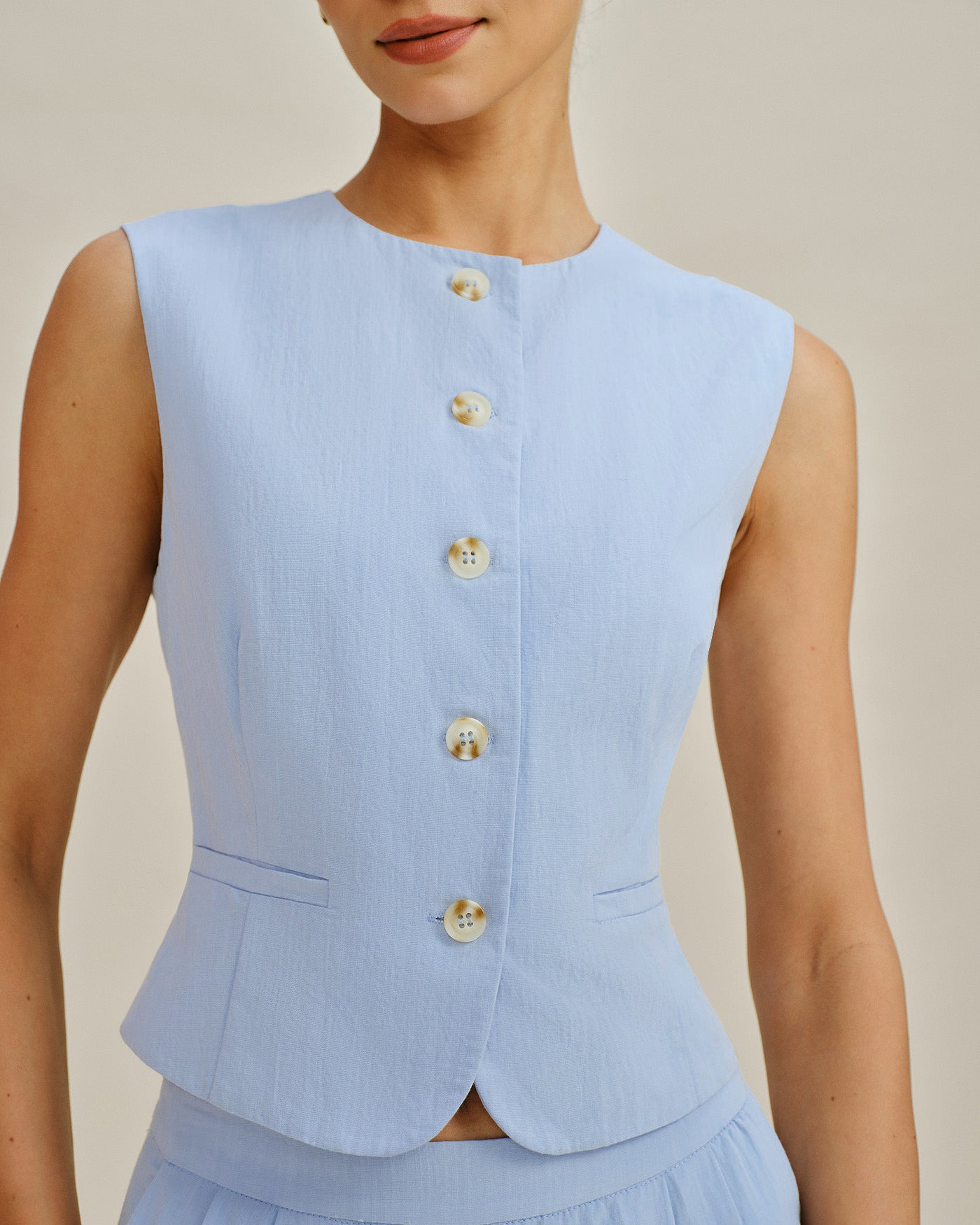 Blue Single Breasted Pockets Vest