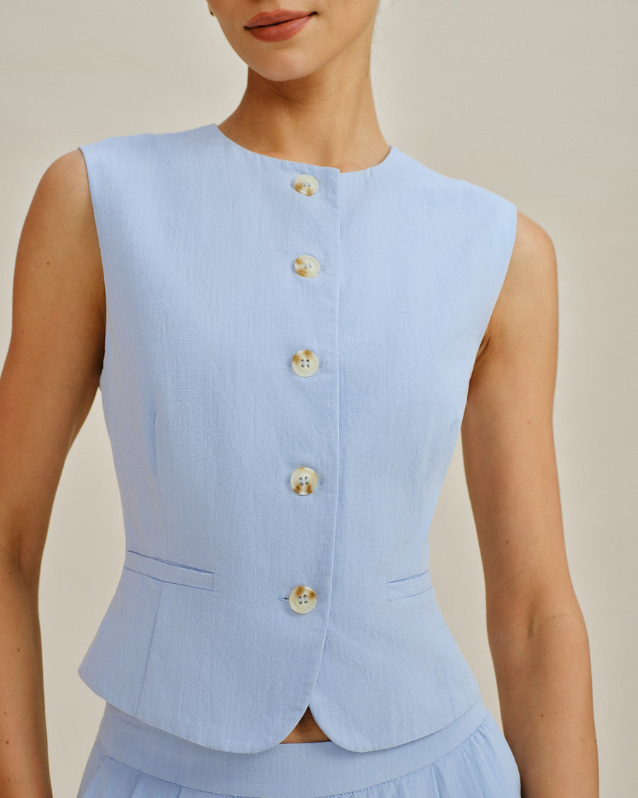 Blue Single Breasted Pockets Vest