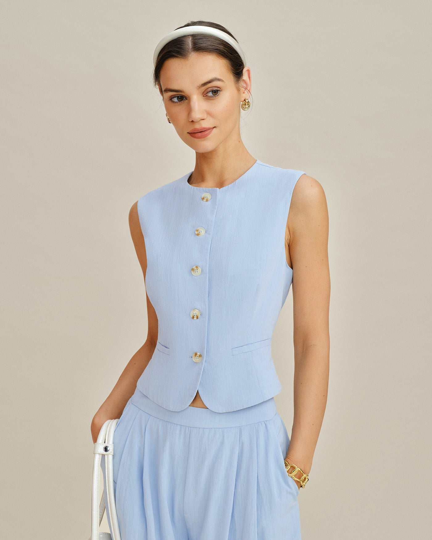 Blue Single Breasted Pockets Vest