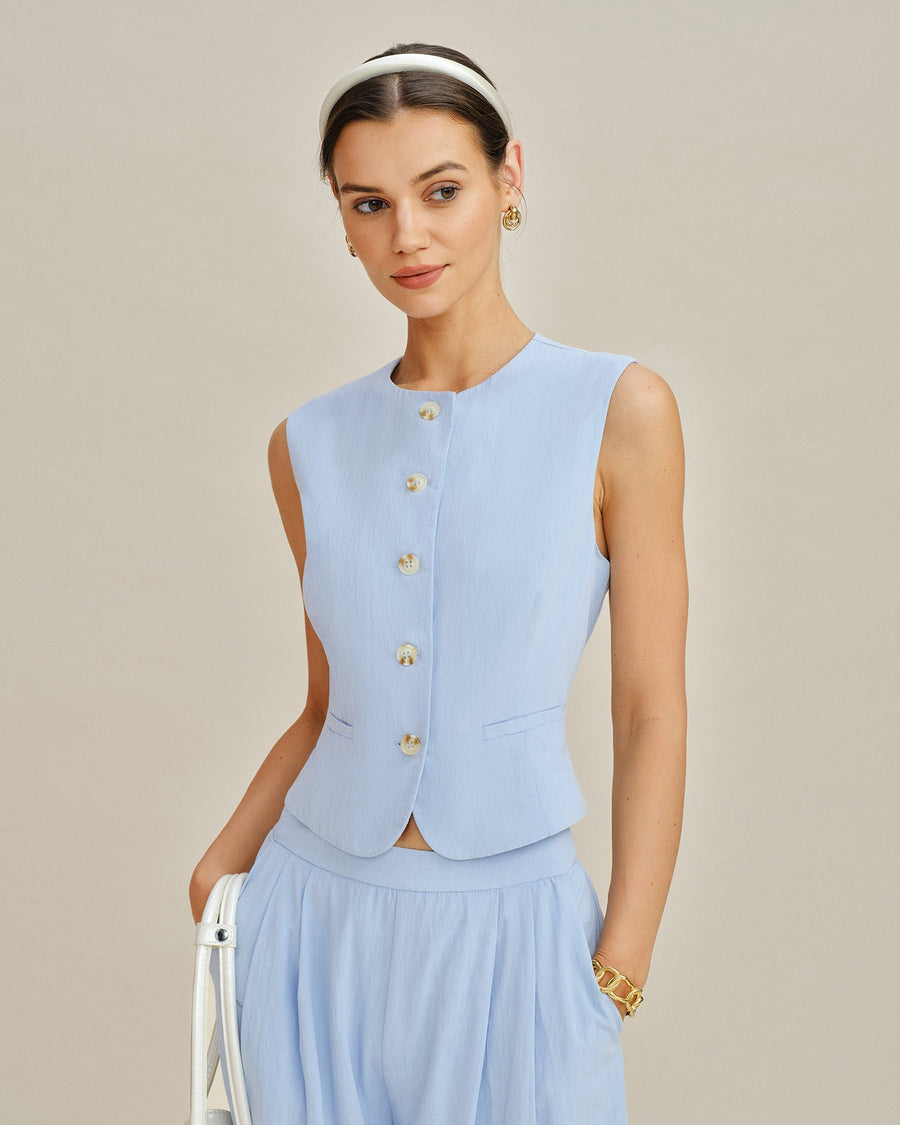 Blue Single Breasted Pockets Vest