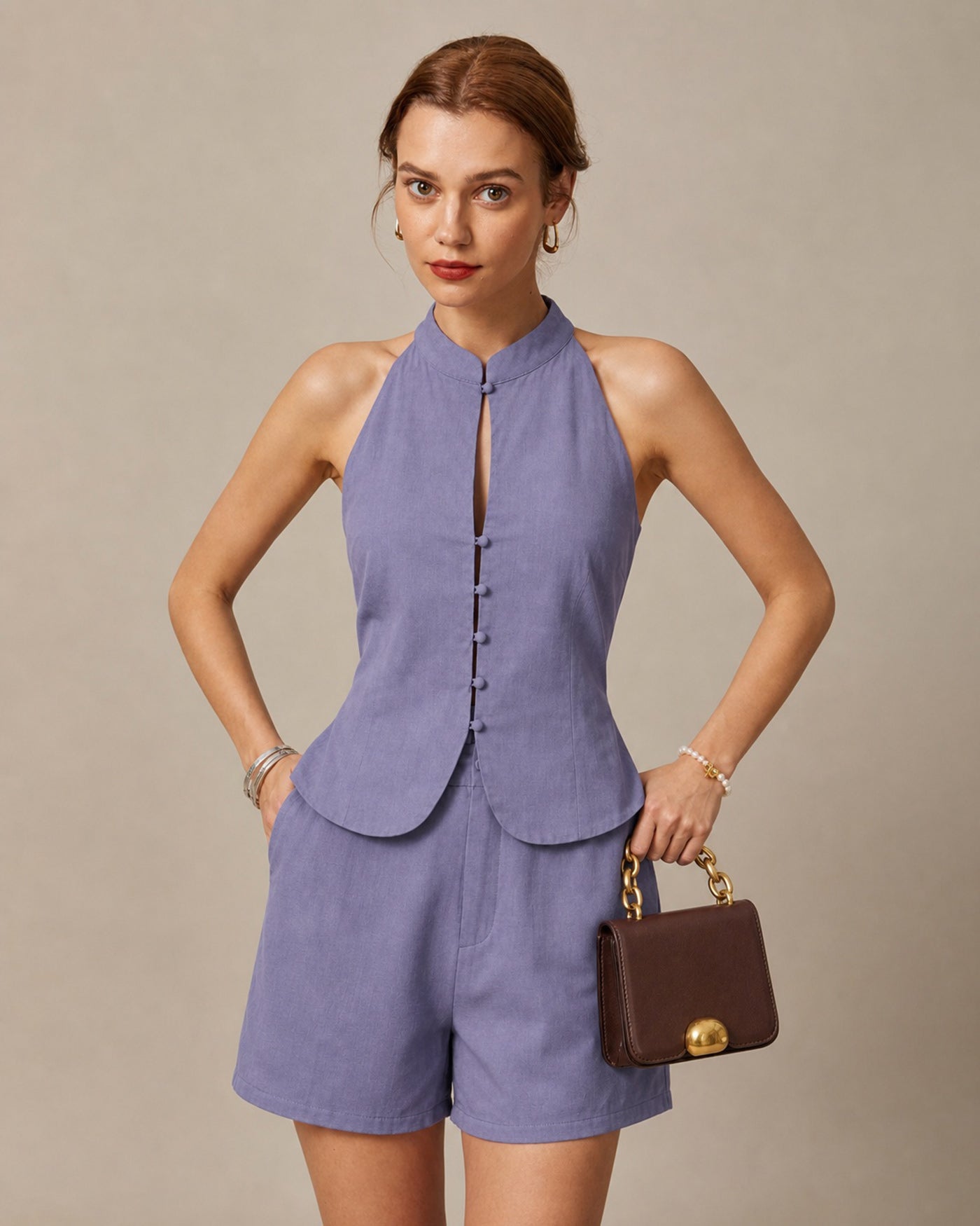 Purple Mandarin Collar Single Breasted Vest